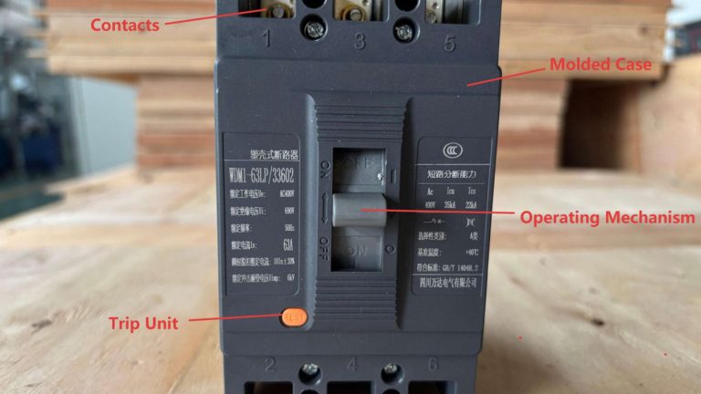 Internal components of MCCB with labeled parts