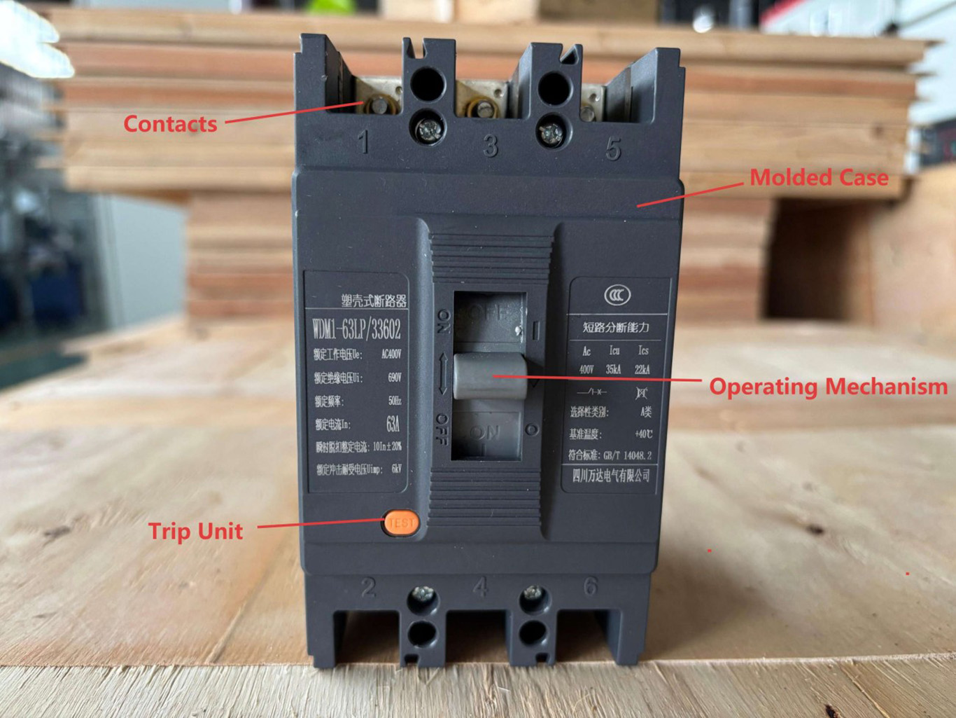 Internal components of MCCB with labeled parts