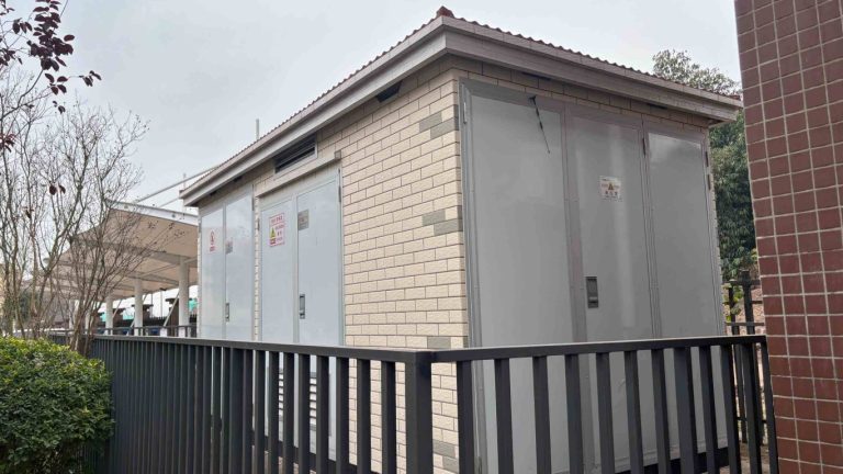 Outdoor substation with brick-patterned enclosure