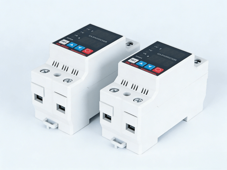 Two DIN-rail electrical protectors side by side
