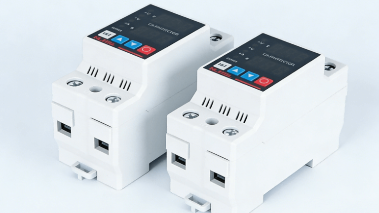 Two DIN-rail electrical protectors side by side