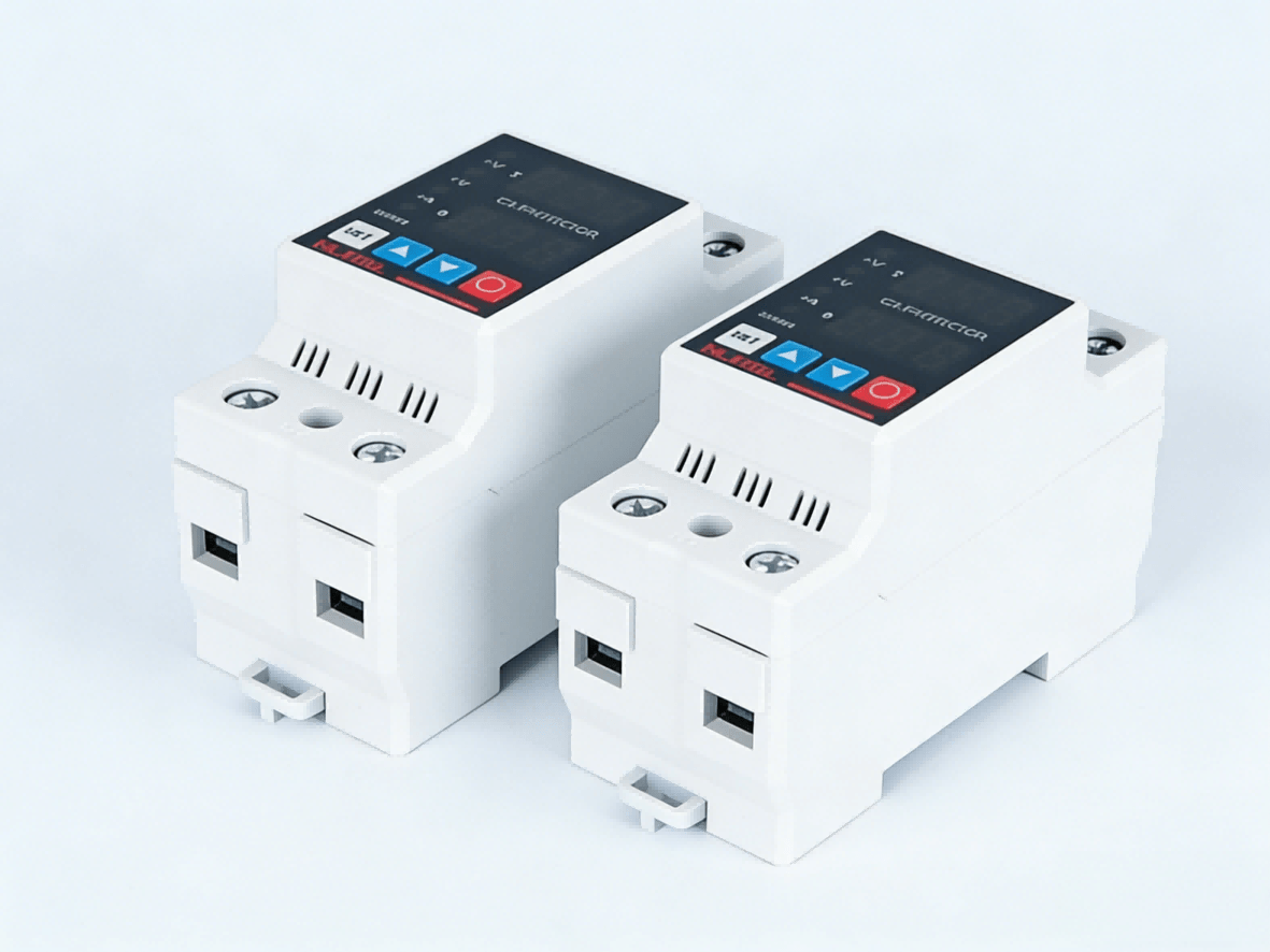 Two DIN-rail electrical protectors side by side