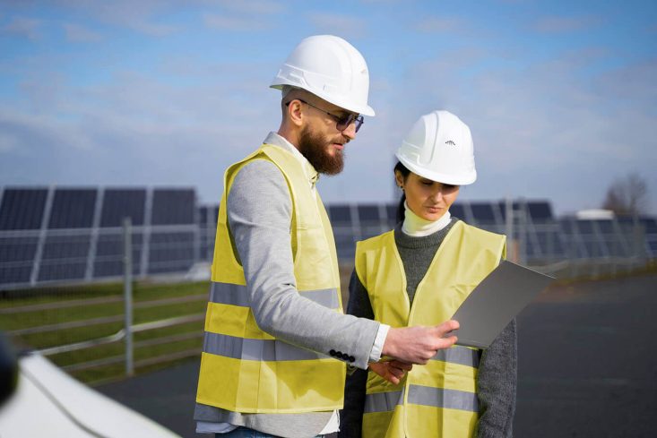 Two engineers in safety gear reviewing plans at a solar farm