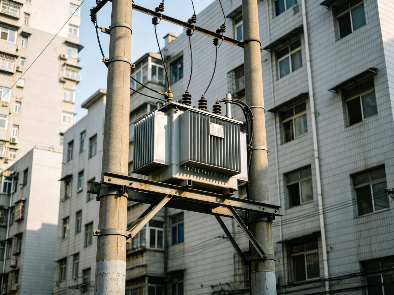 pole transformer in an urban area