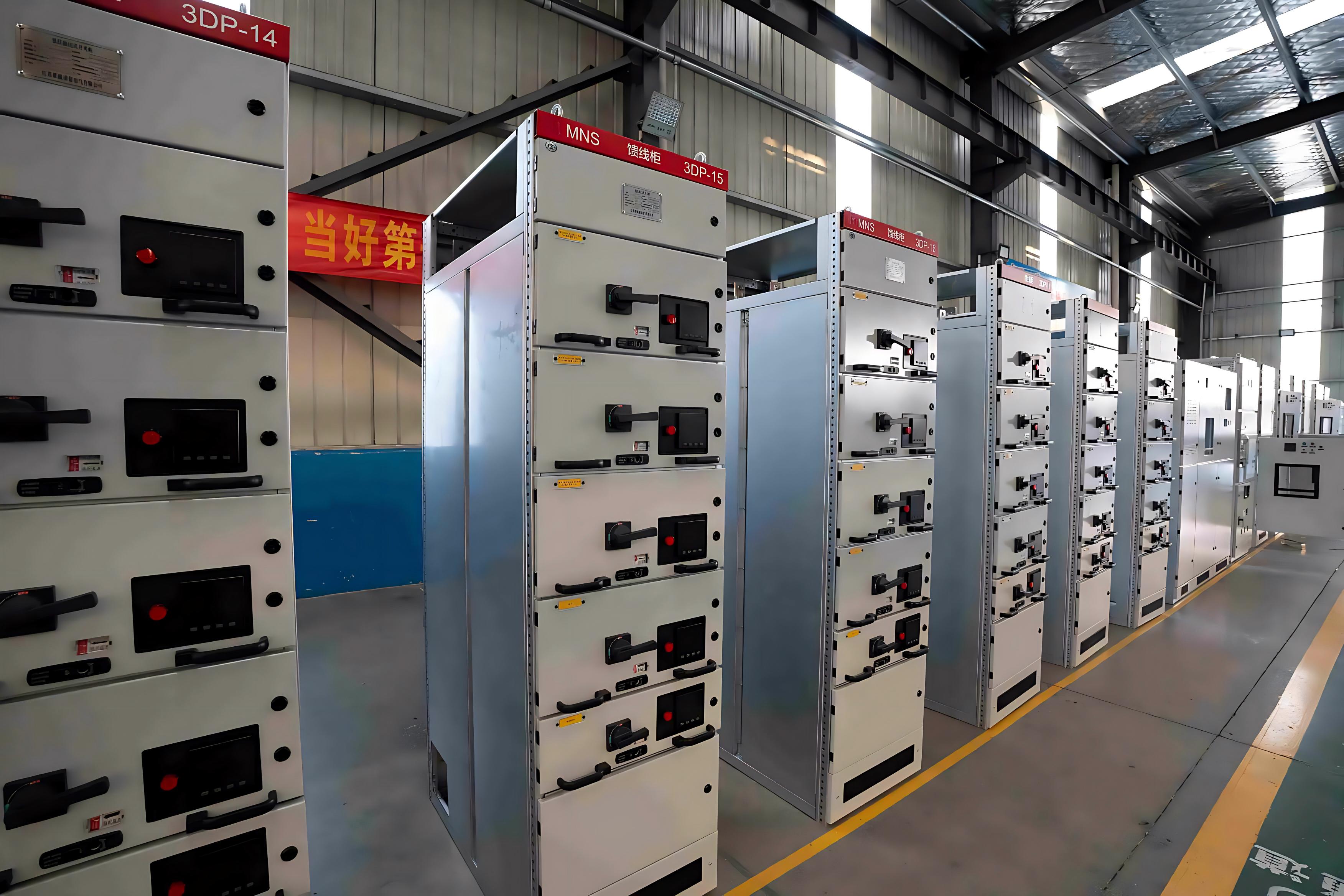 Factory lineup of MNS low voltage switchgear in a workshop