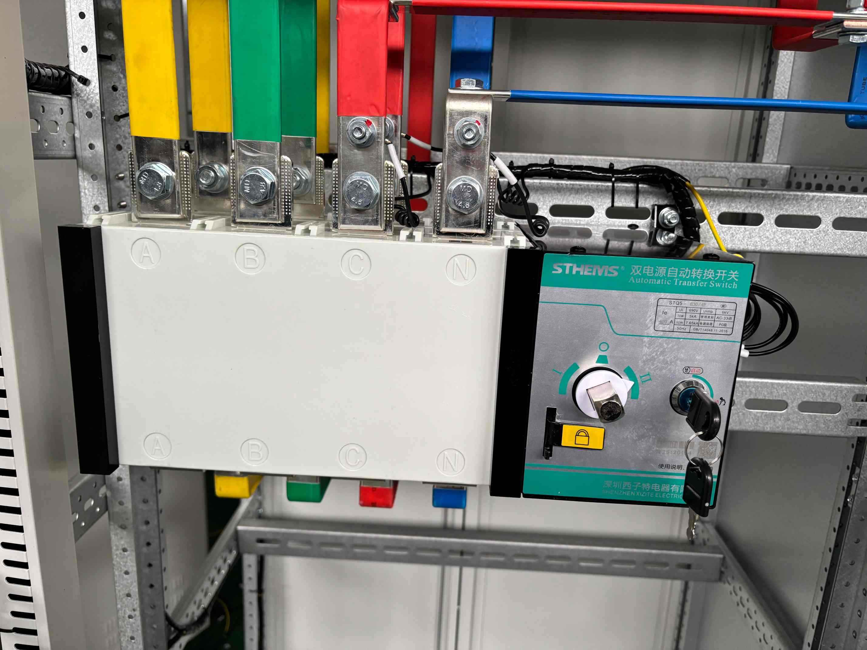 automatic transfer switches in electrical control cabinet