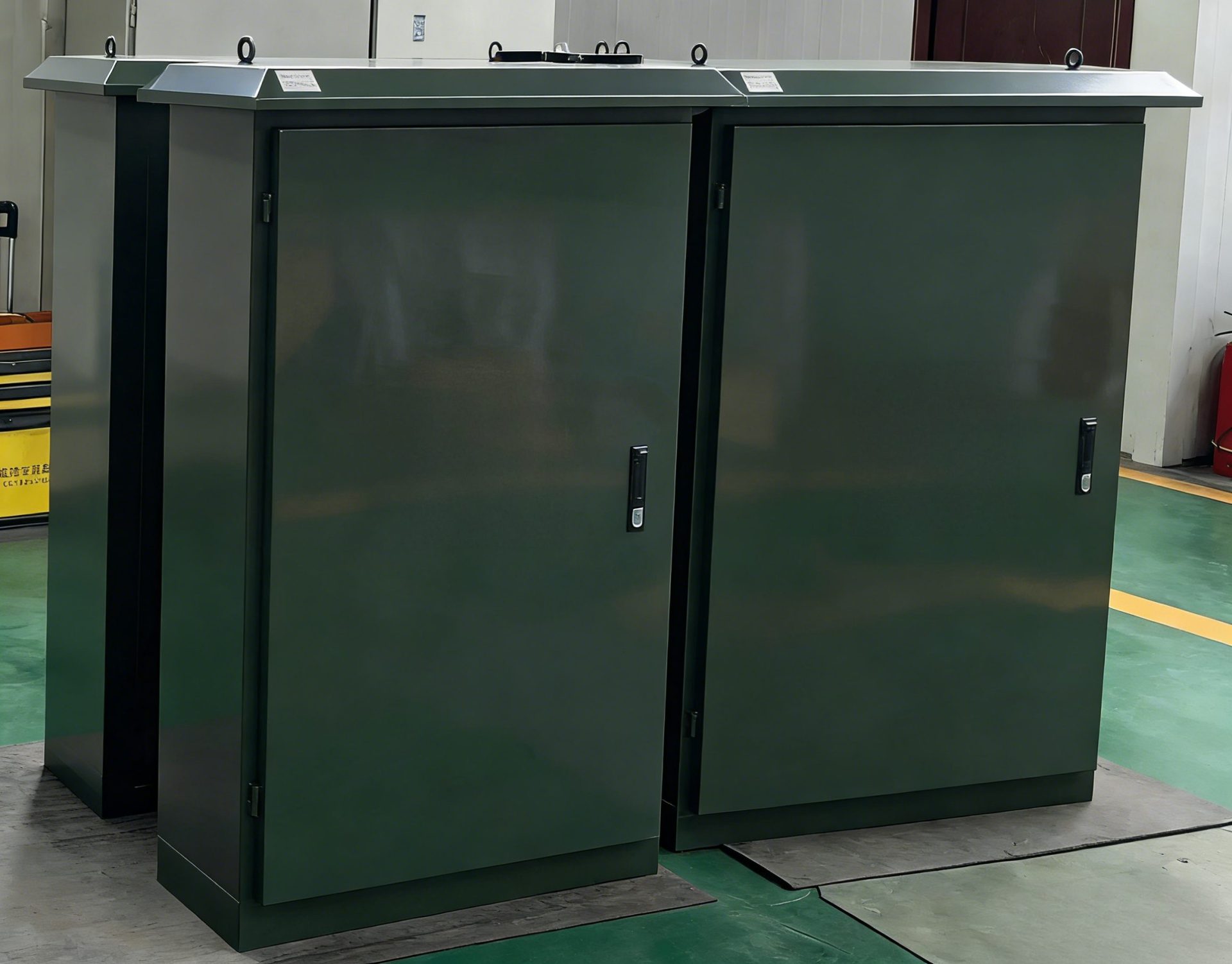green outdoor power distribution cabinets in factory